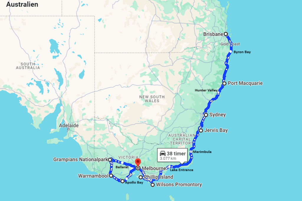 Rejseforslag; Road Trip i det Sydøstlige Australien - Kort - Rejs Dig Lykkelig