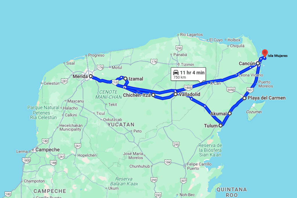 Vores 2 ugers Road Trip på Yucatan-halvøen - Kort over ruten - Rejs Dig Lykkelig