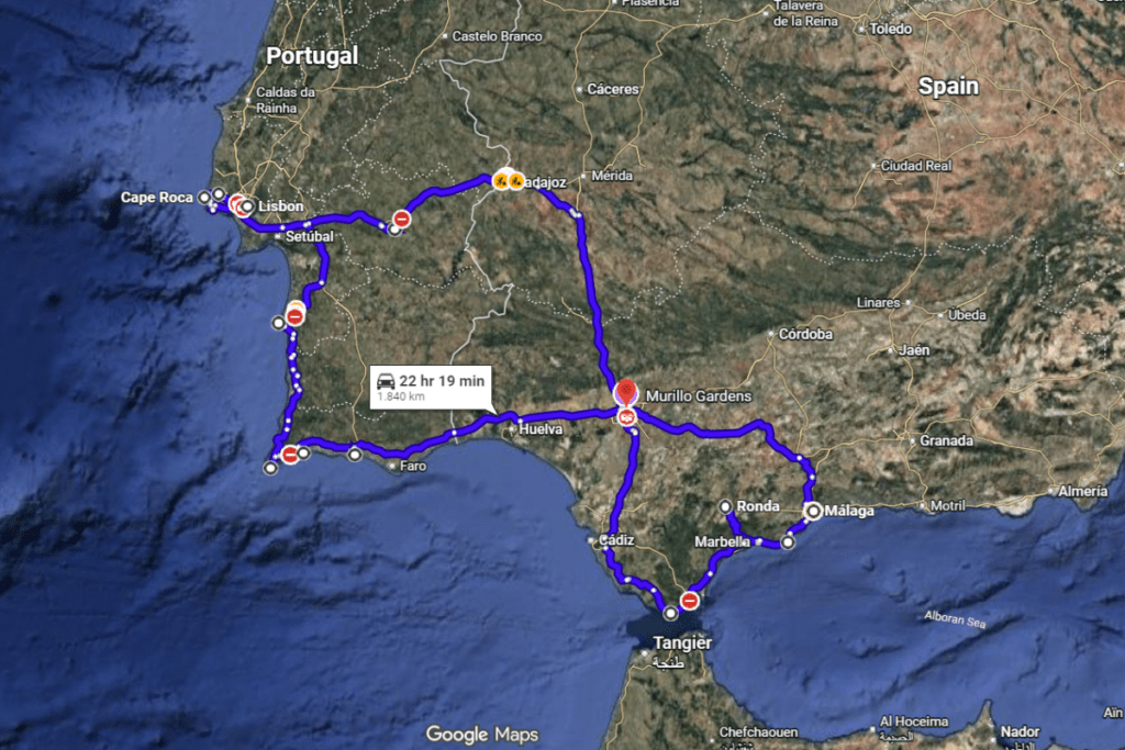 Vores road trip rute i Portugal og Spanien i 2023 - Kort - Rejs Dig Lykkelig